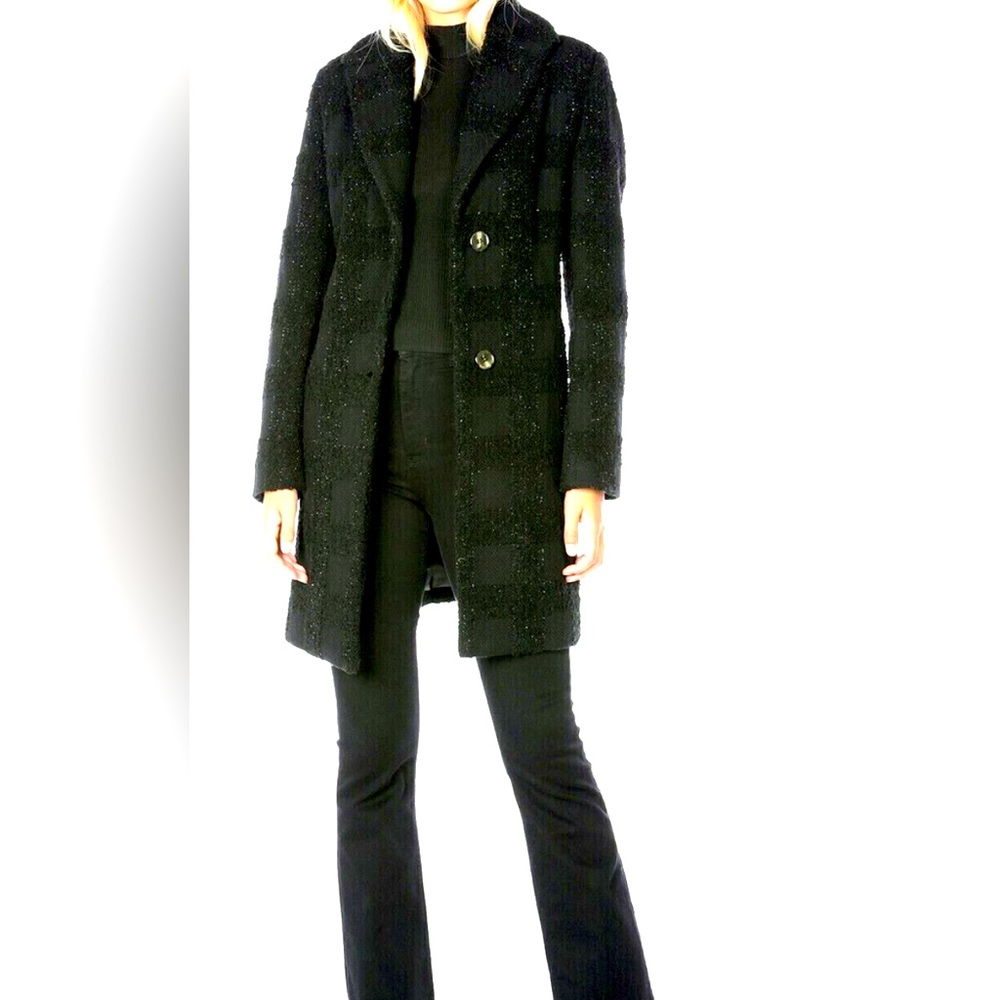 TAHARI Women’s Lurex Plaid Coat size XL Black with Metallic Threads